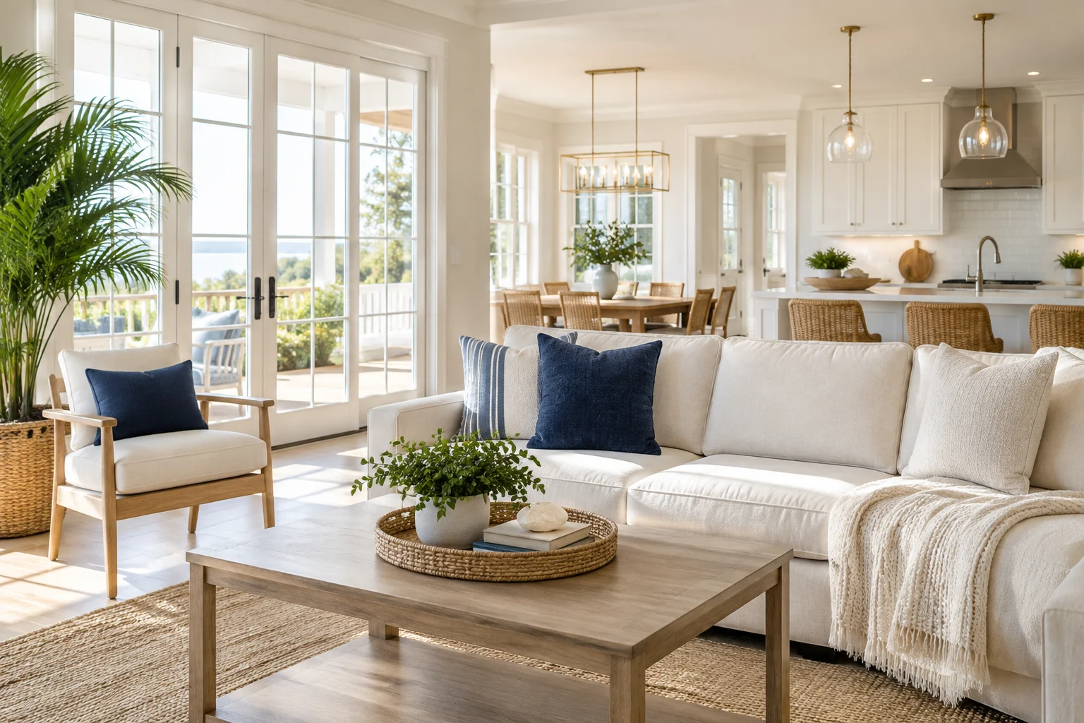 A bright, tidy living room with cream seating, wood floors, and an open kitchen
